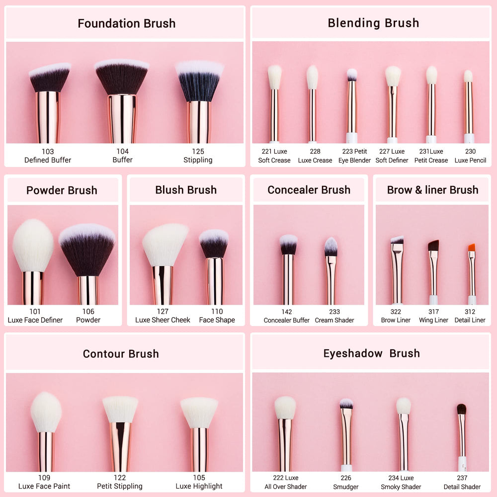 Jessup pearl white rose-gold handles offer luxe aesthetic for daily makeup routines.
