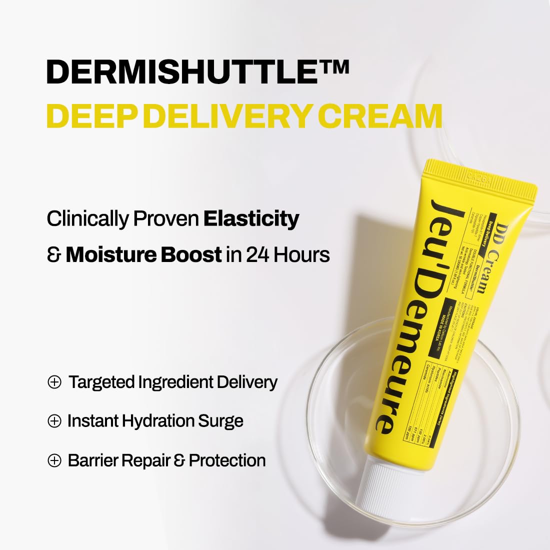 Face application of JEU'DEMEURE DermiShuttle DD Cream demonstrates balanced hydration and coverage.