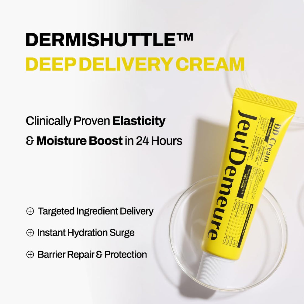 Face application of JEU'DEMEURE DermiShuttle DD Cream demonstrates balanced hydration and coverage.