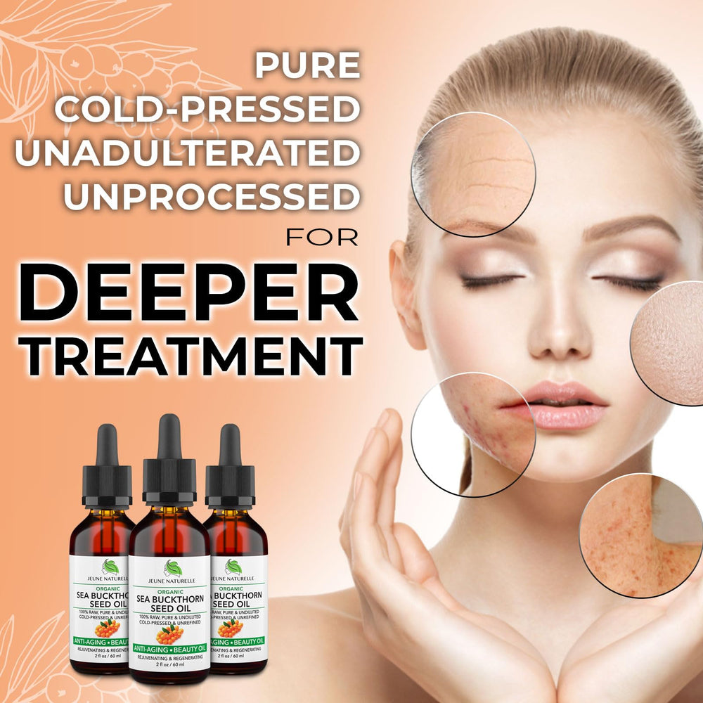 Jeune Naturelle Sea Buckthorn Oil hair-care shot suggests smoother, shinier hair.