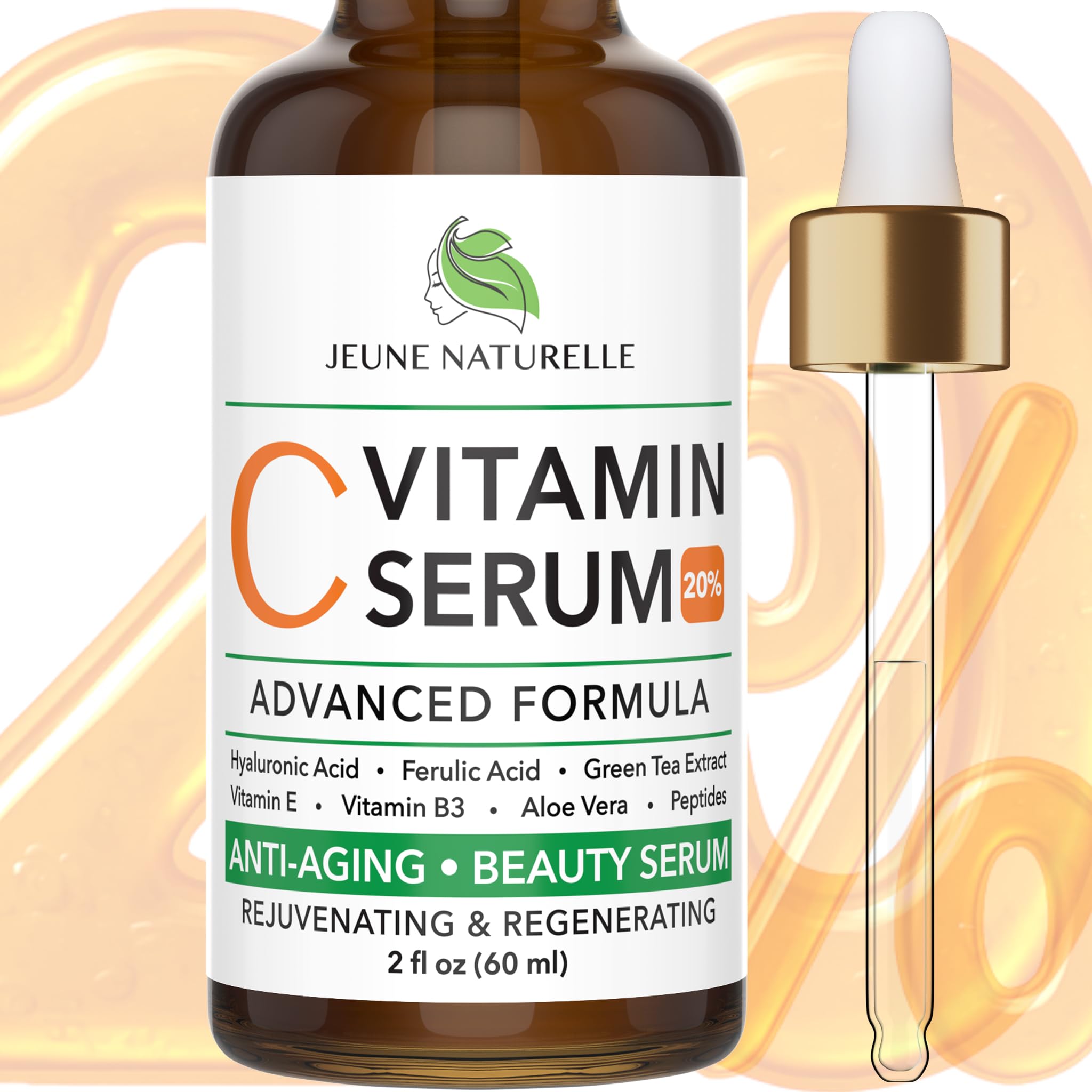 Jeune Naturelle Vitamin C Serum bottle with pump for brightening skin.