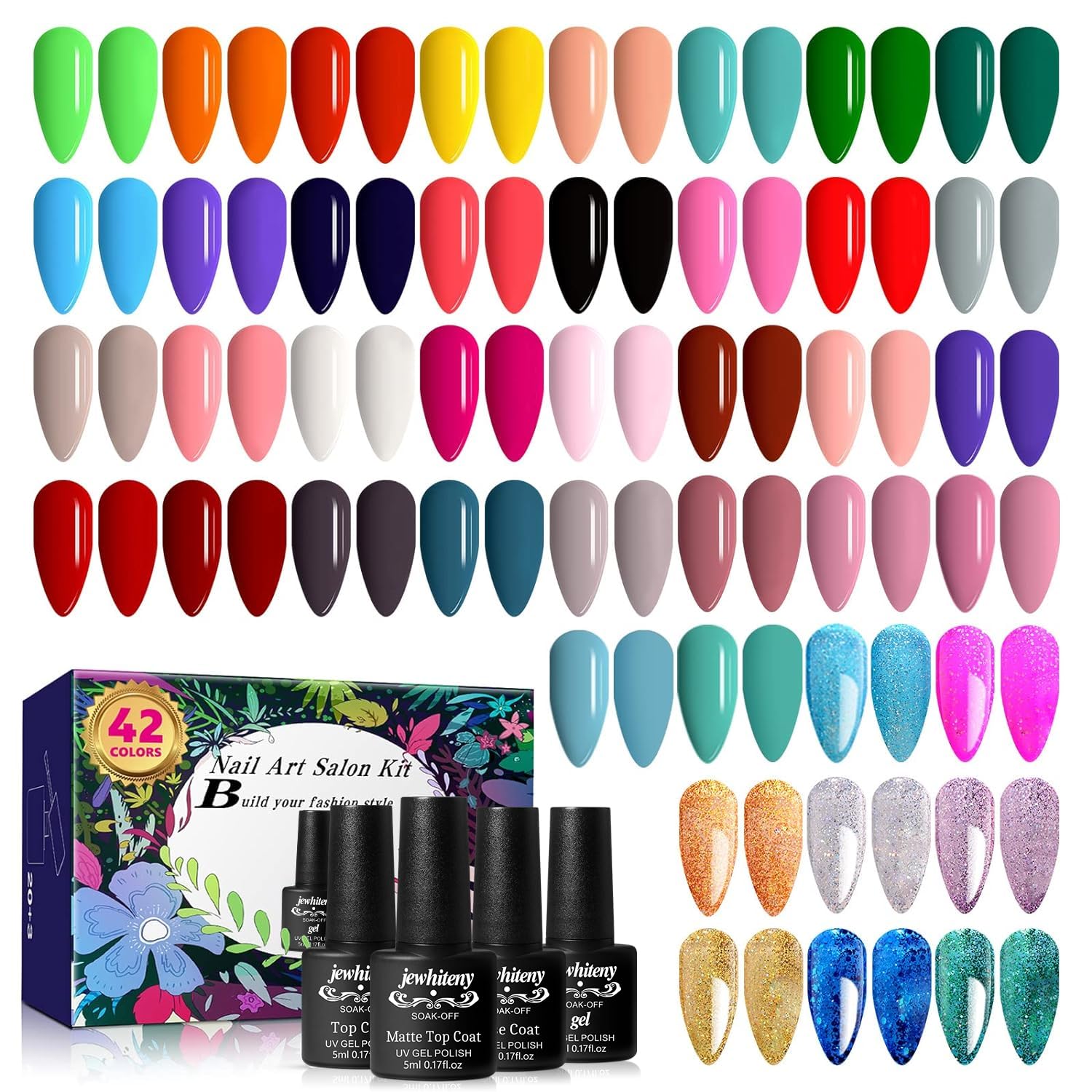 JEWHITENY 45pcs gel nail polish kit with 42 colors for versatile at-home manicures