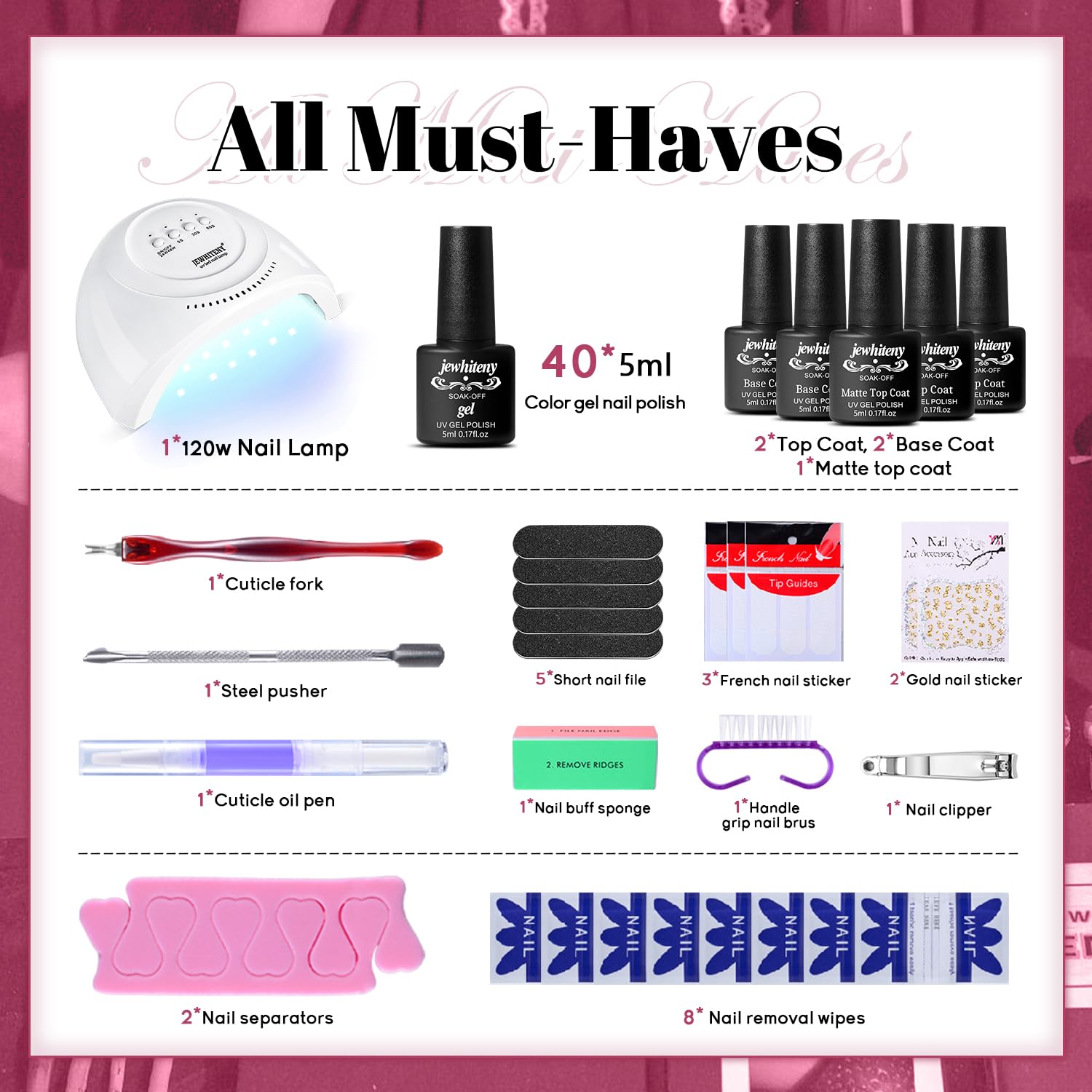 JEWHITENY 40-color gel palette close-up enabling personalized nail art designs.