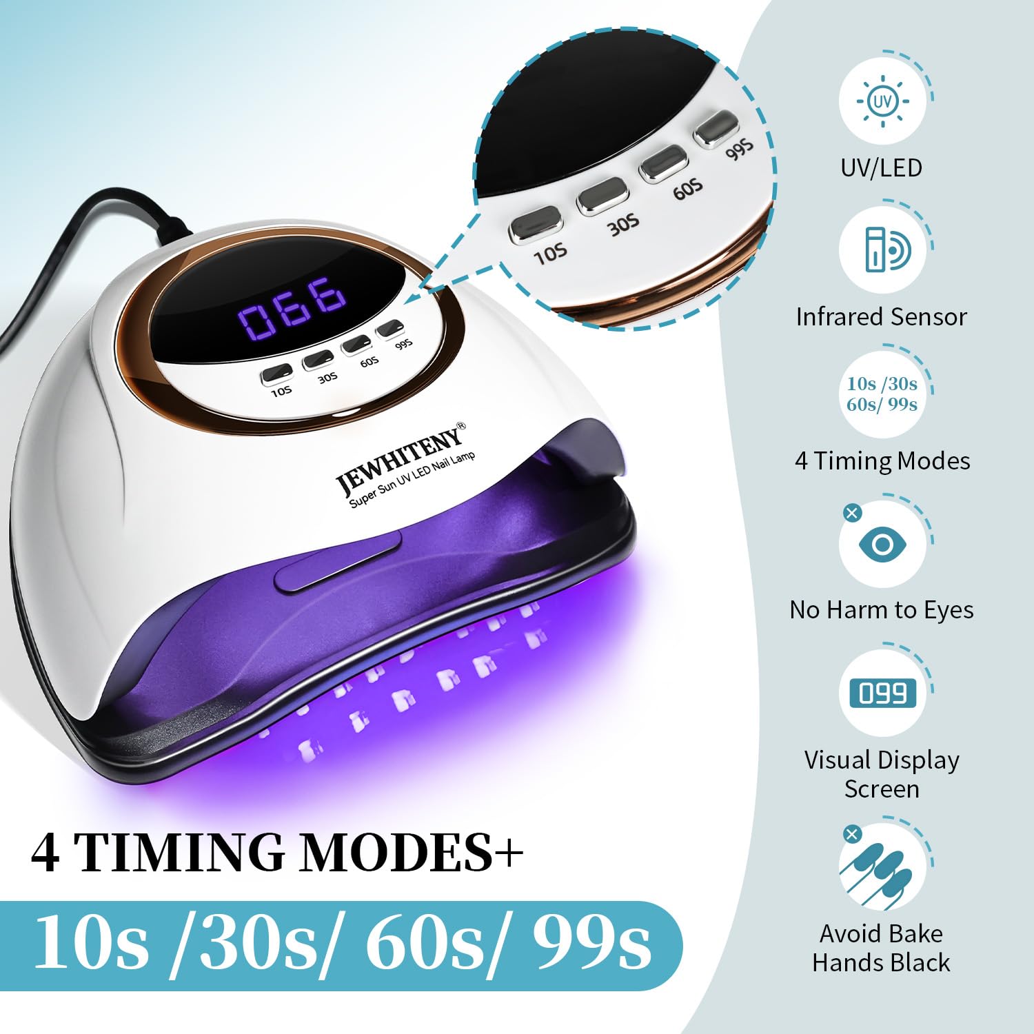 JEWHITENY nail-lamp-quick-drying-power enables quick gel cures with efficient performance.