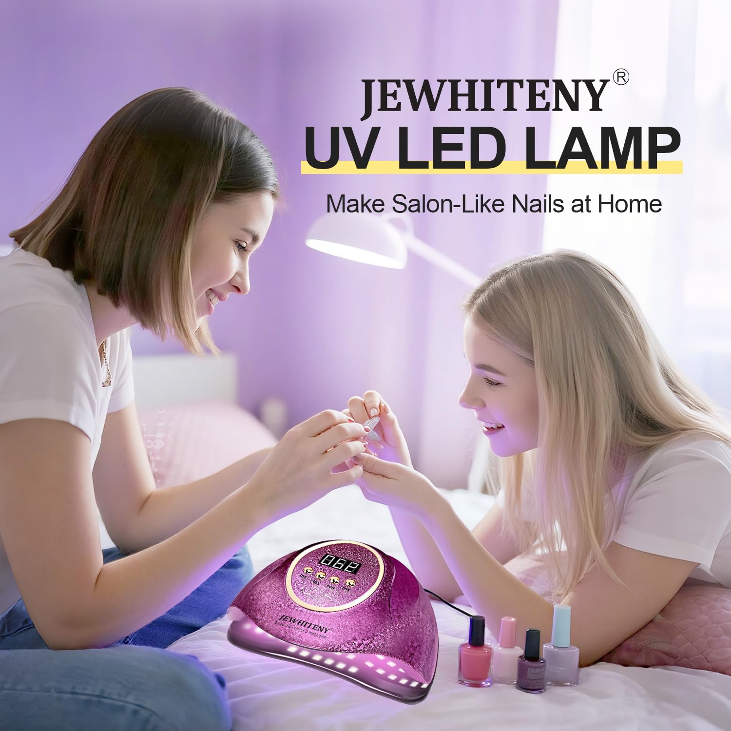 JEWHITENY Pink UV Gel Nail Lamp aesthetic design adds decor value to workspace.