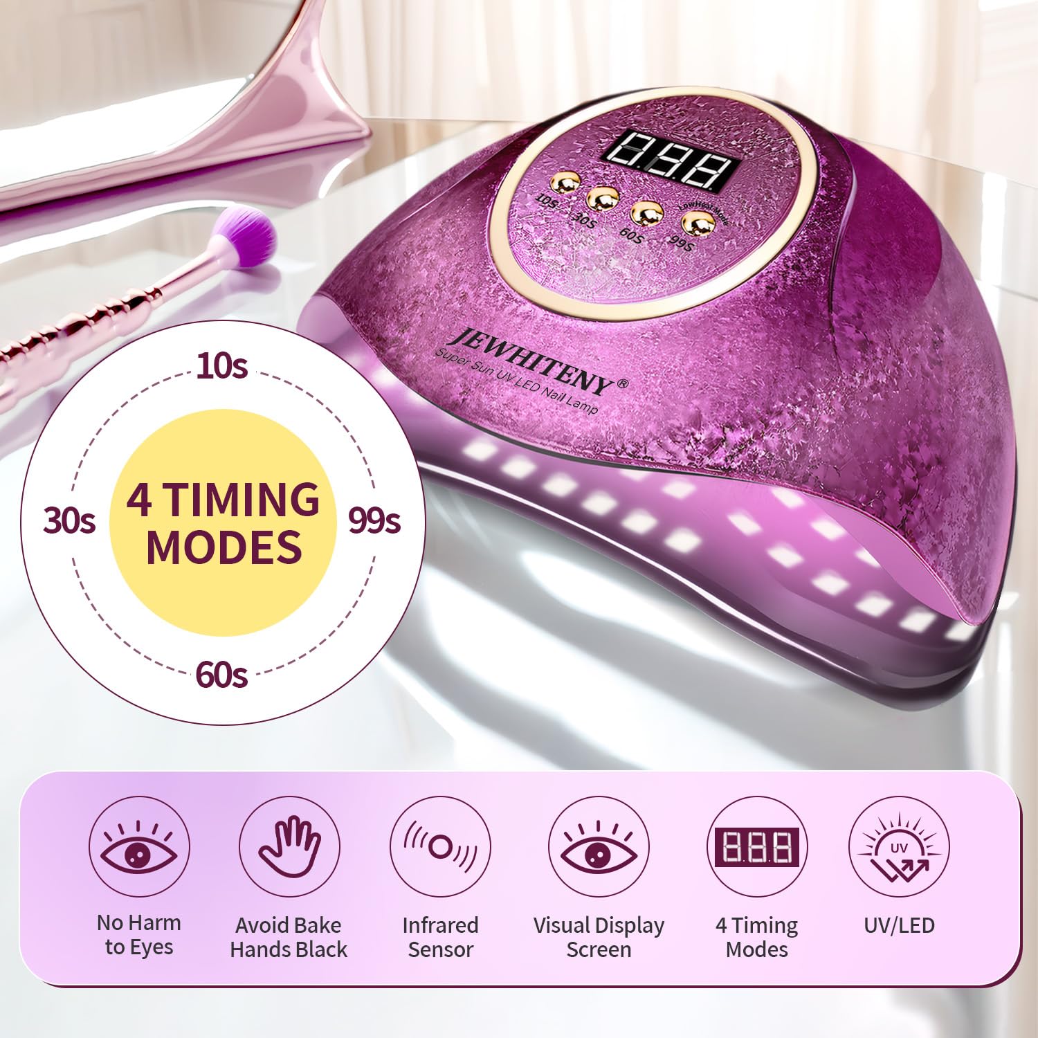 JEWHITENY Pink UV Gel Nail Lamp automatic sensor for hands-free operation.