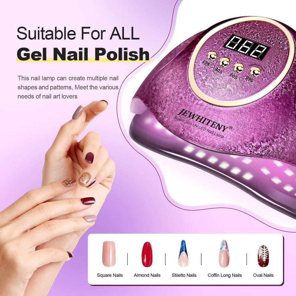 JEWHITENY Pink UV Gel Nail Lamp glow with 66-beads for even curing.