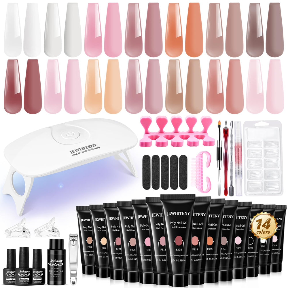 JEWHITENY poly extension gel kit 14 colors enables versatile at-home designs.