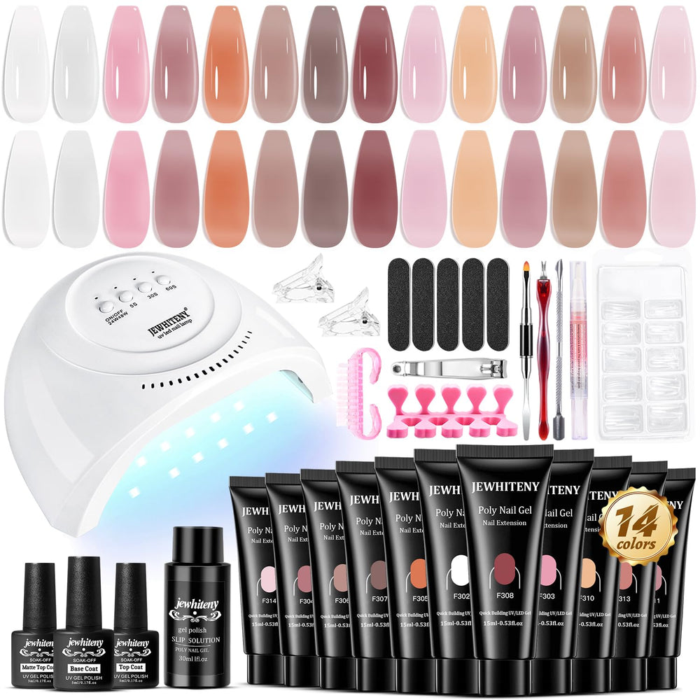 JEWHITENY poly extension gel kit lamp demonstrates fast curing with 48W LED for salon-quality nails.