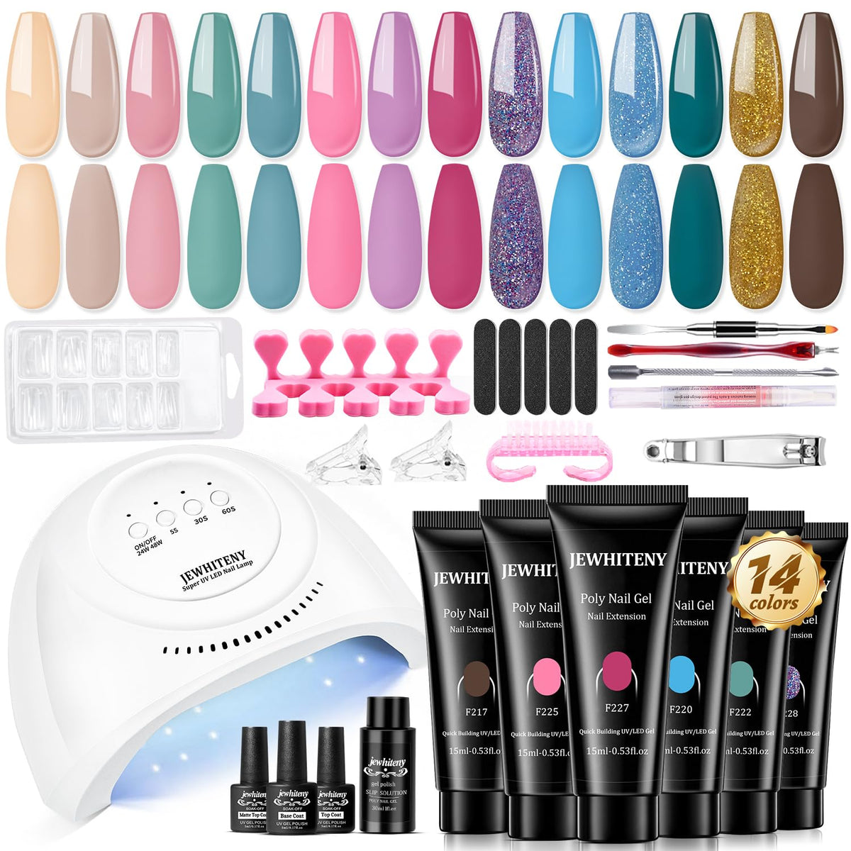 JEWHITENY poly-gel nail kit 14 colors box provides versatile at-home nail art options.