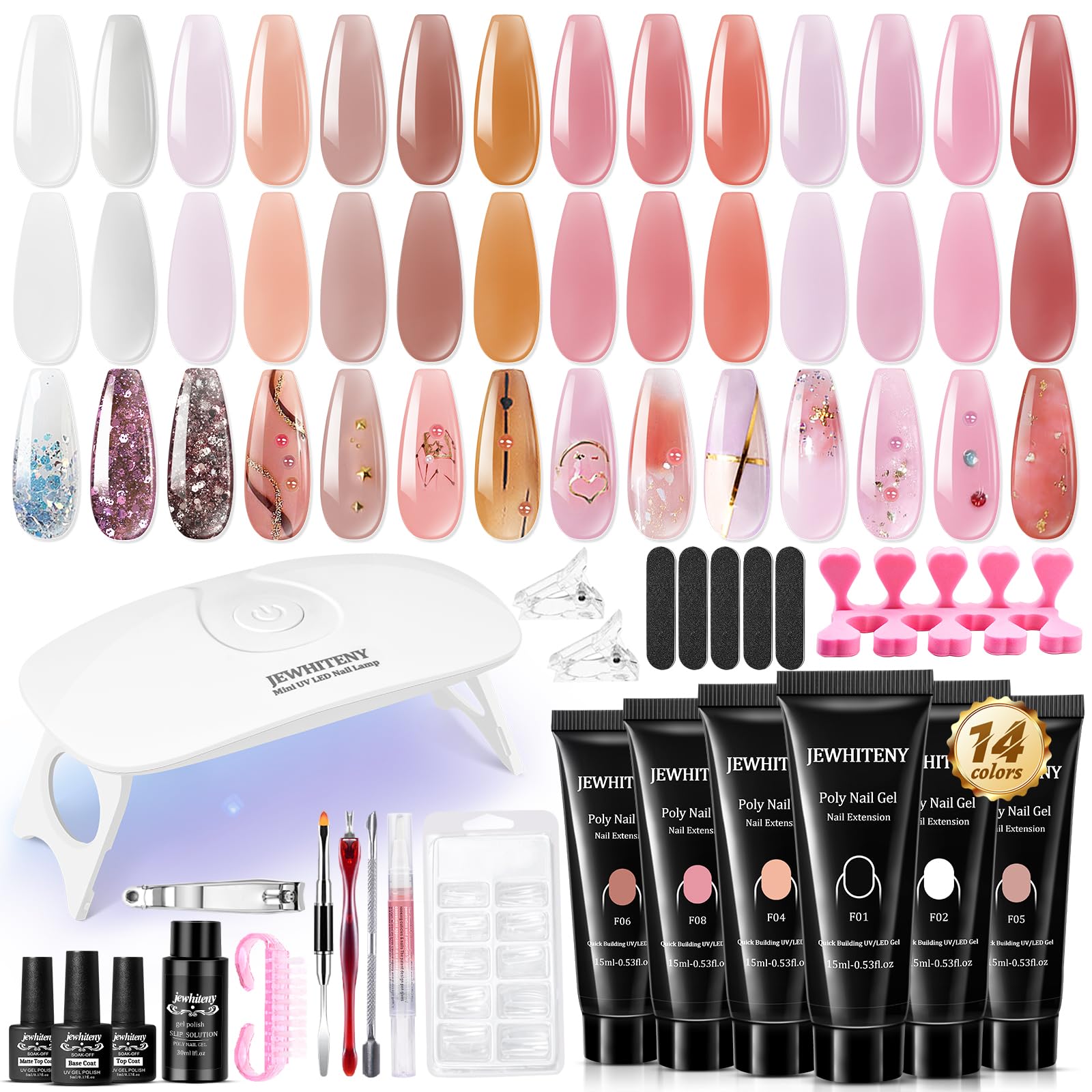 JEWHITENY poly nail gel kit cover with color palette for versatile at-home manicures.