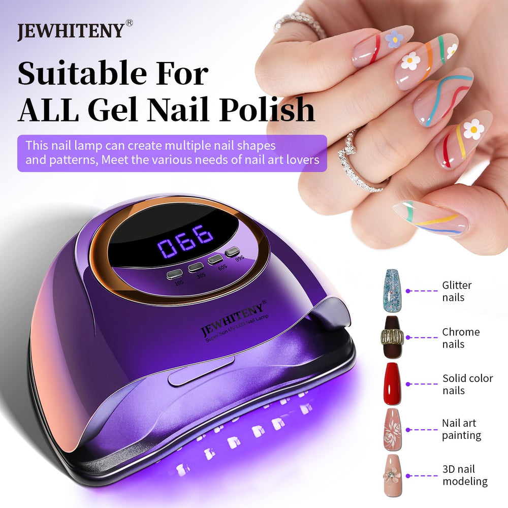 JEWHITENY purple UV nail lamp shows 66-bead interior for fast curing.