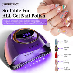 JEWHITENY purple UV nail lamp shows 66-bead interior for fast curing.