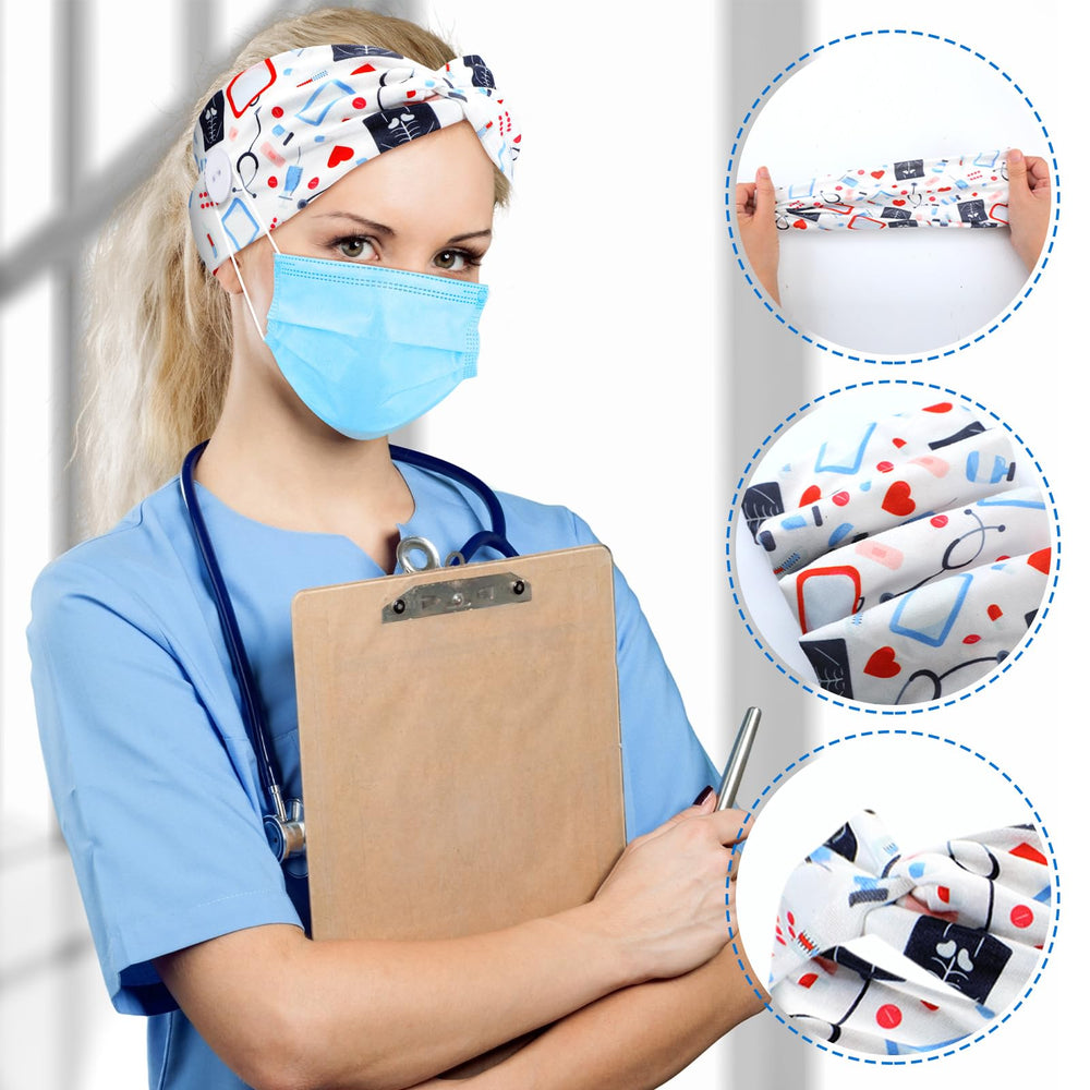 Jexine nurse headbands button design closeup shows convenient mask attachment during shifts.
