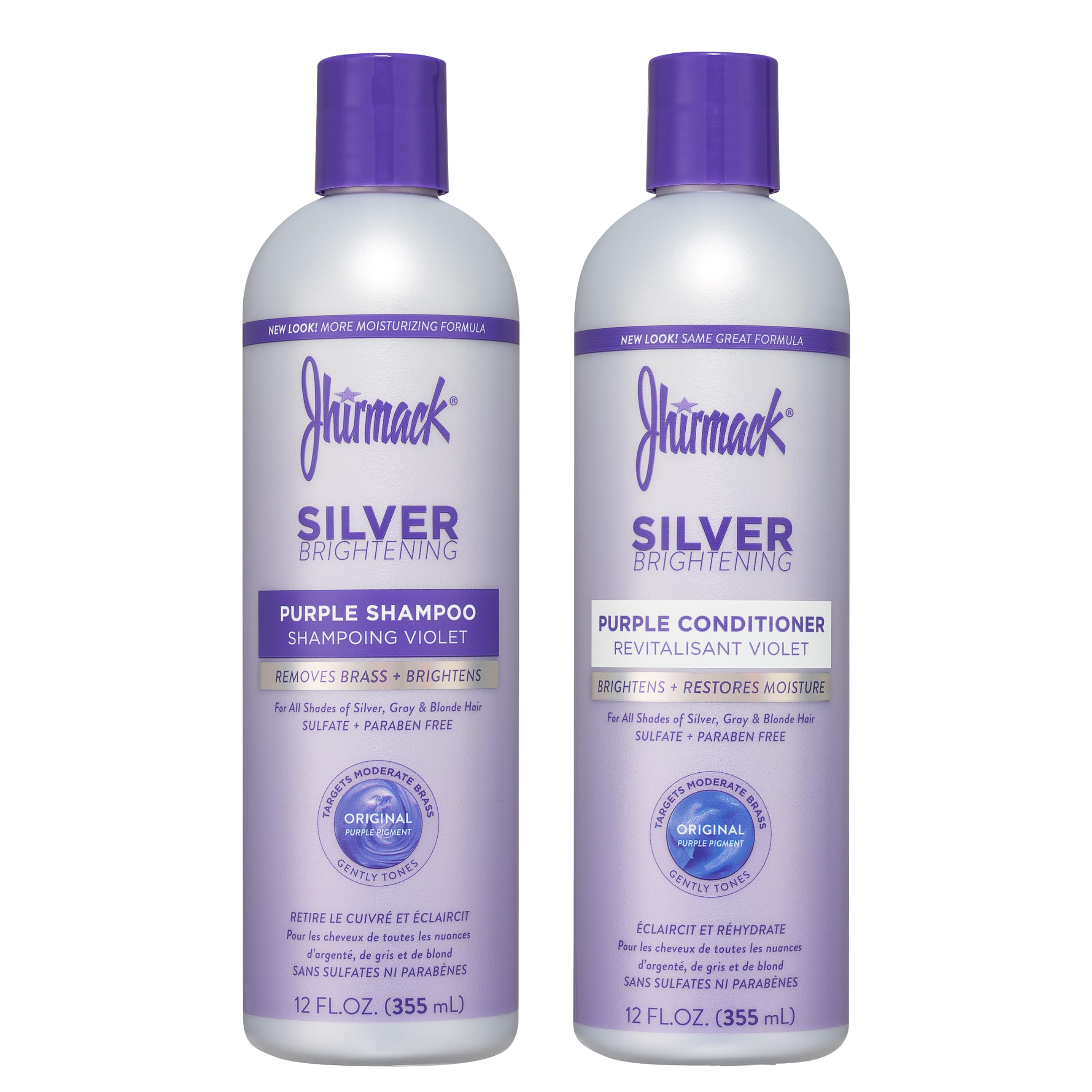 Jhirmack Silver Brightening Shampoo bottle showing brassy-free potential for silver tones