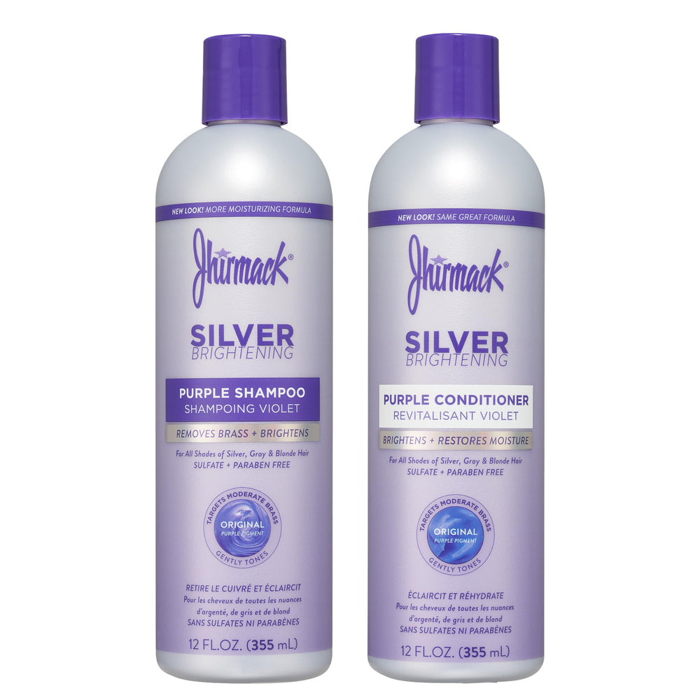 Jhirmack Silver Brightening Shampoo bottle showing brassy-free potential for silver tones