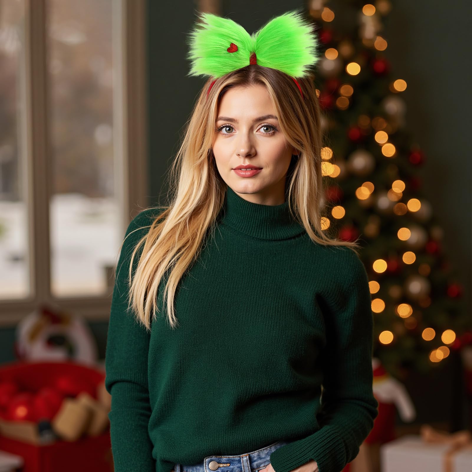 JiaDuo Christmas party look features playful green monster bow.