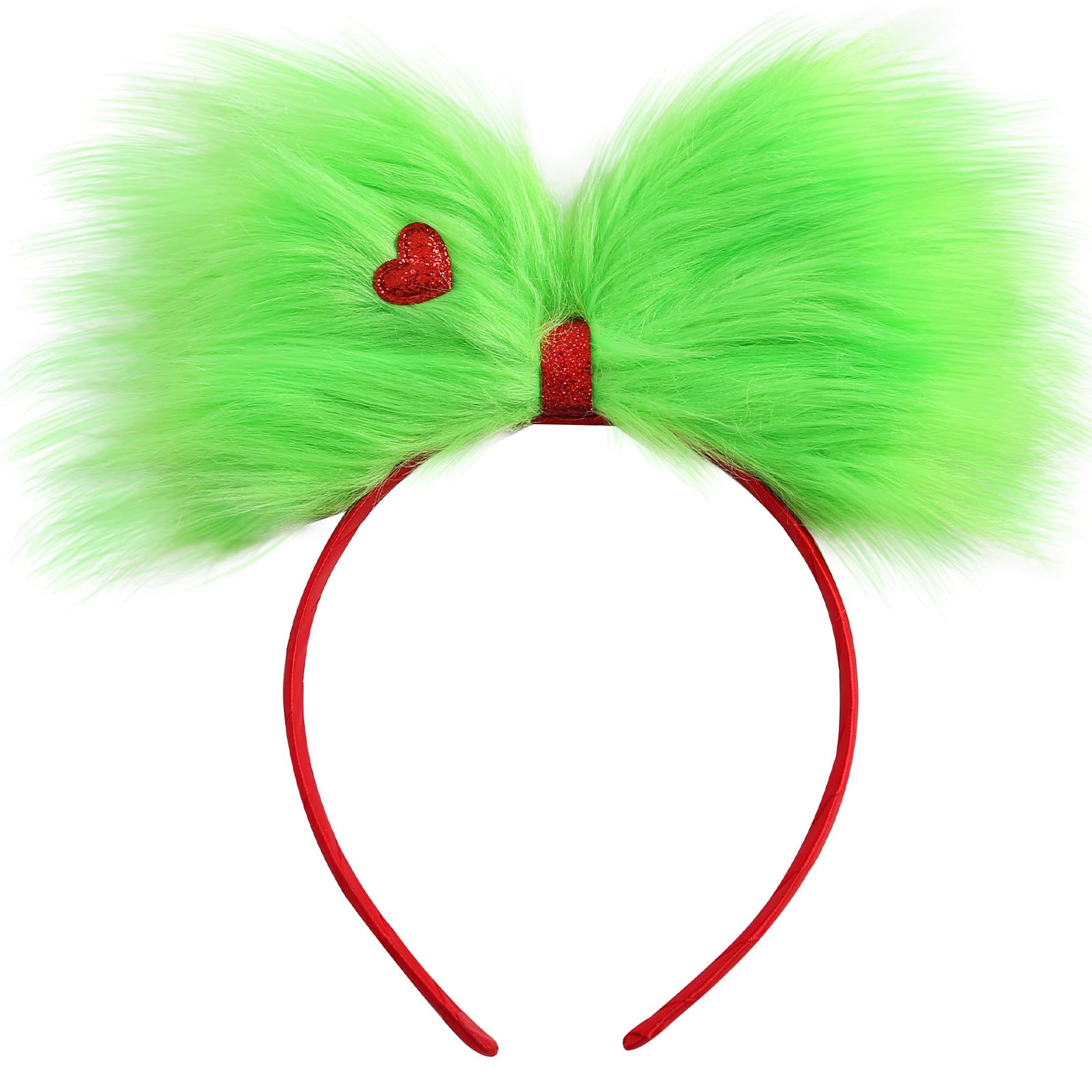 JiaDuo large green furry bow headband worn for a bold holiday statement.