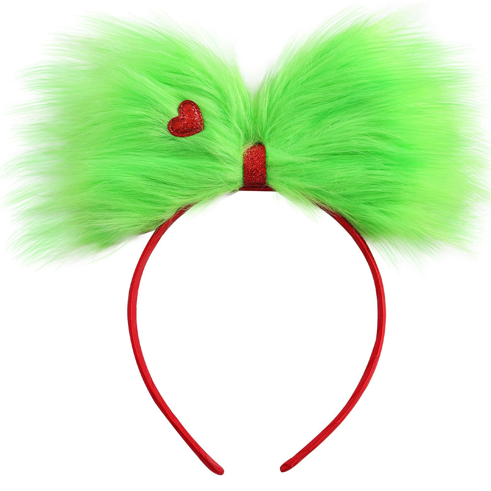 JiaDuo large green furry bow headband worn for a bold holiday statement.