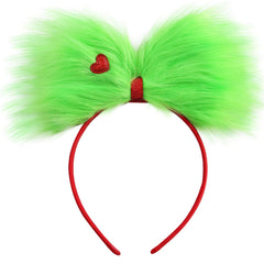 JiaDuo large green furry bow headband worn for a bold holiday statement.
