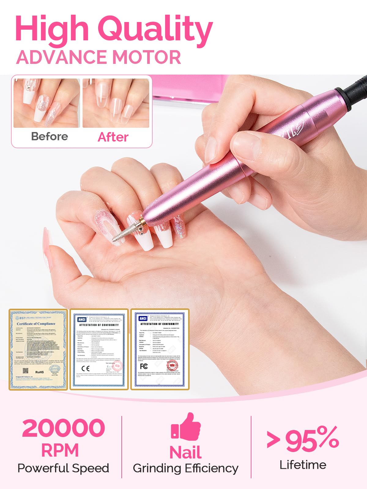 JIASHENG 20,000 RPM motor delivers fast gel nail removal with smooth operation.
