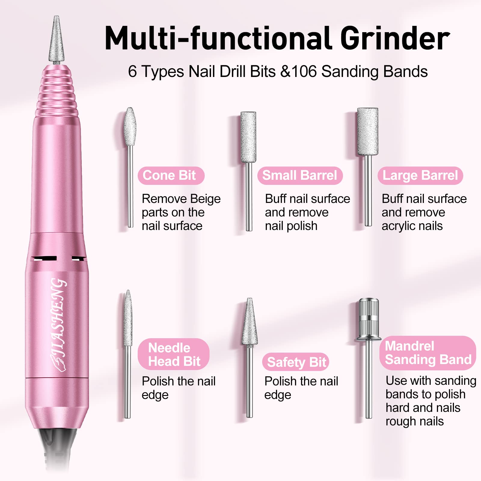 JIASHENG nail drill chuck fits 3-32 inch bits for versatile filing
