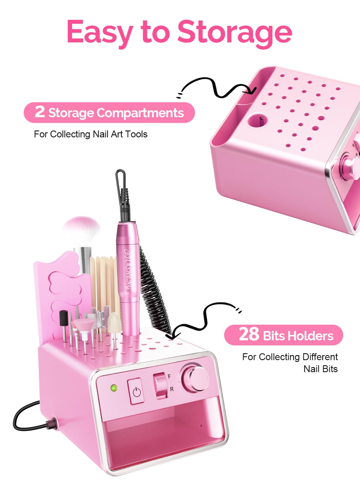 JIASHENG nail drill with storage compartments keeps files and buffers neatly at hand.