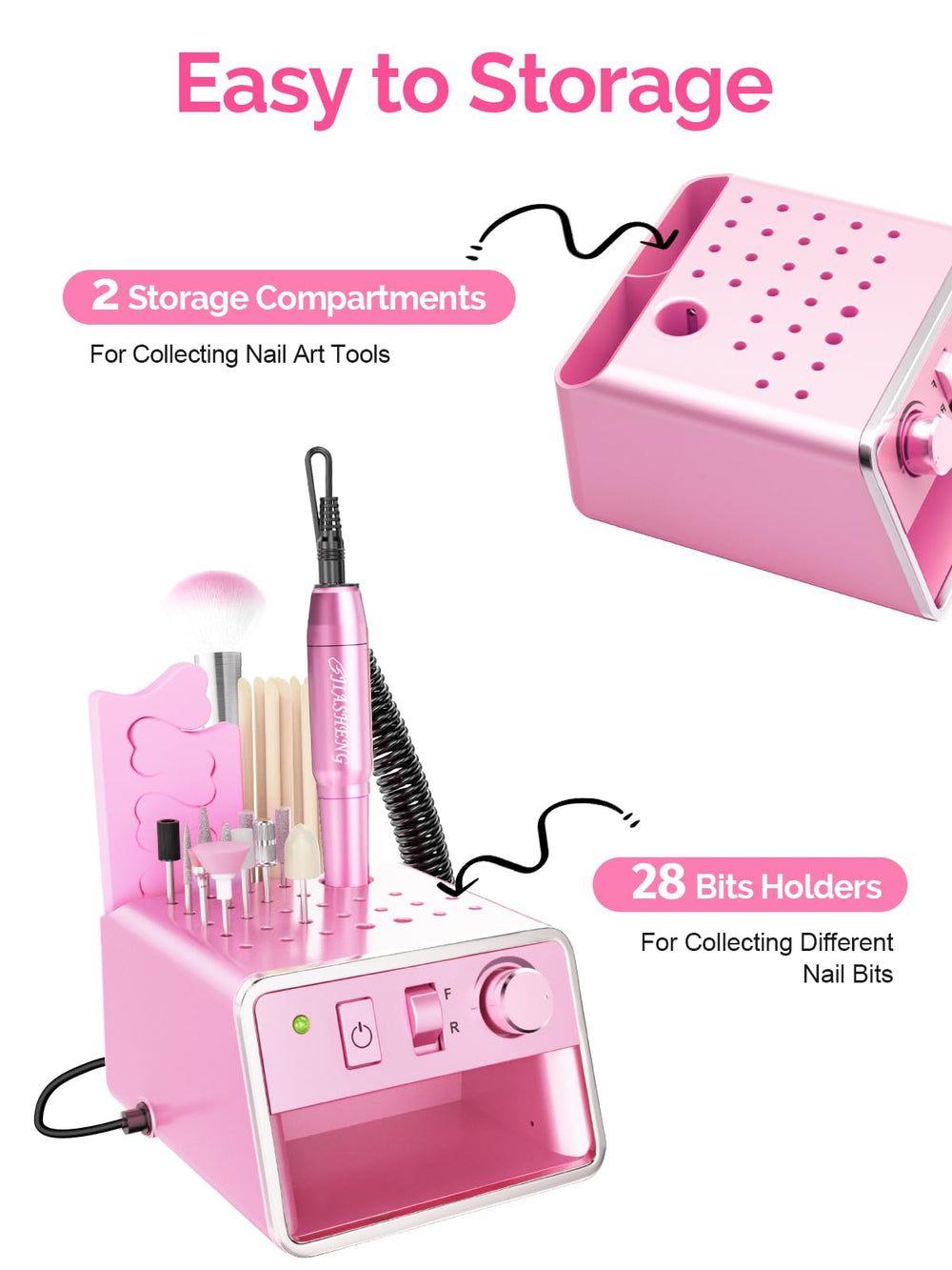 JIASHENG nail drill with storage compartments keeps files and buffers neatly at hand.