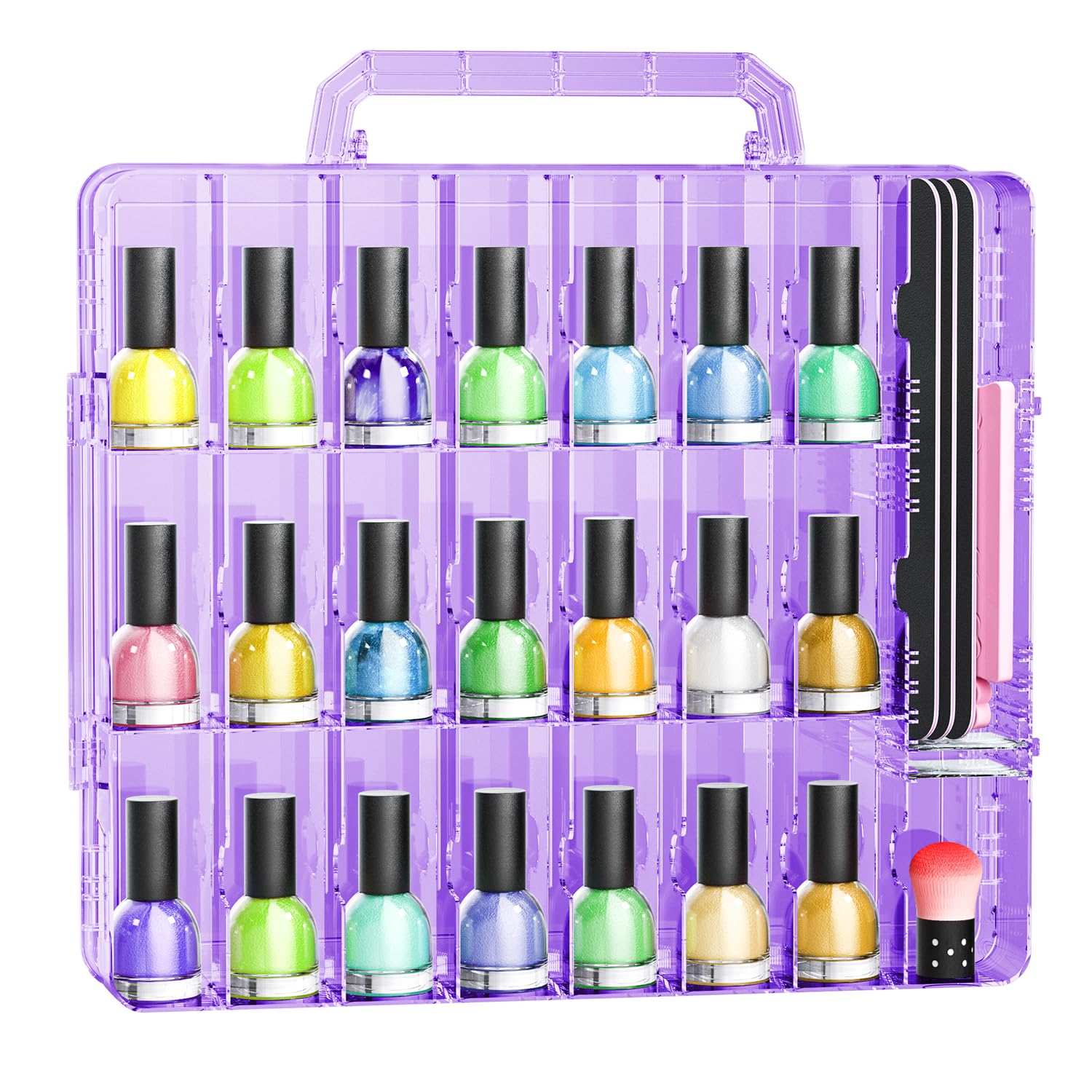 JIASHENG nail polish organizer shows 48-bottle capacity for polishes and tools.