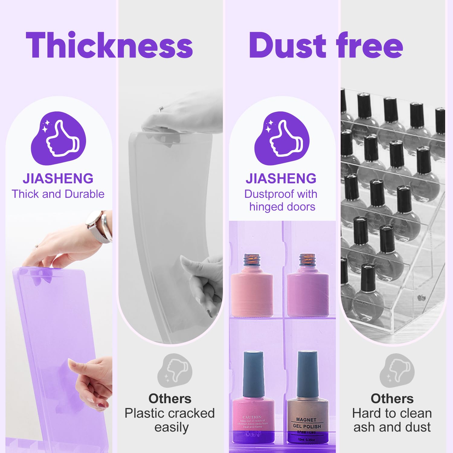 JIASHENG nail polish organizer with removable layers for flexible spacing.