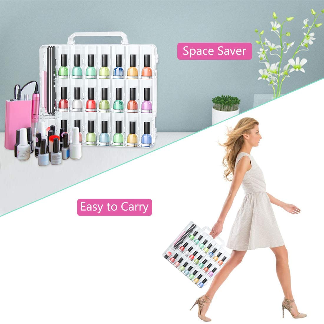 JIASHENG nail polish storage with 48-bottle slots demonstrates spacious, neatly organized shelves