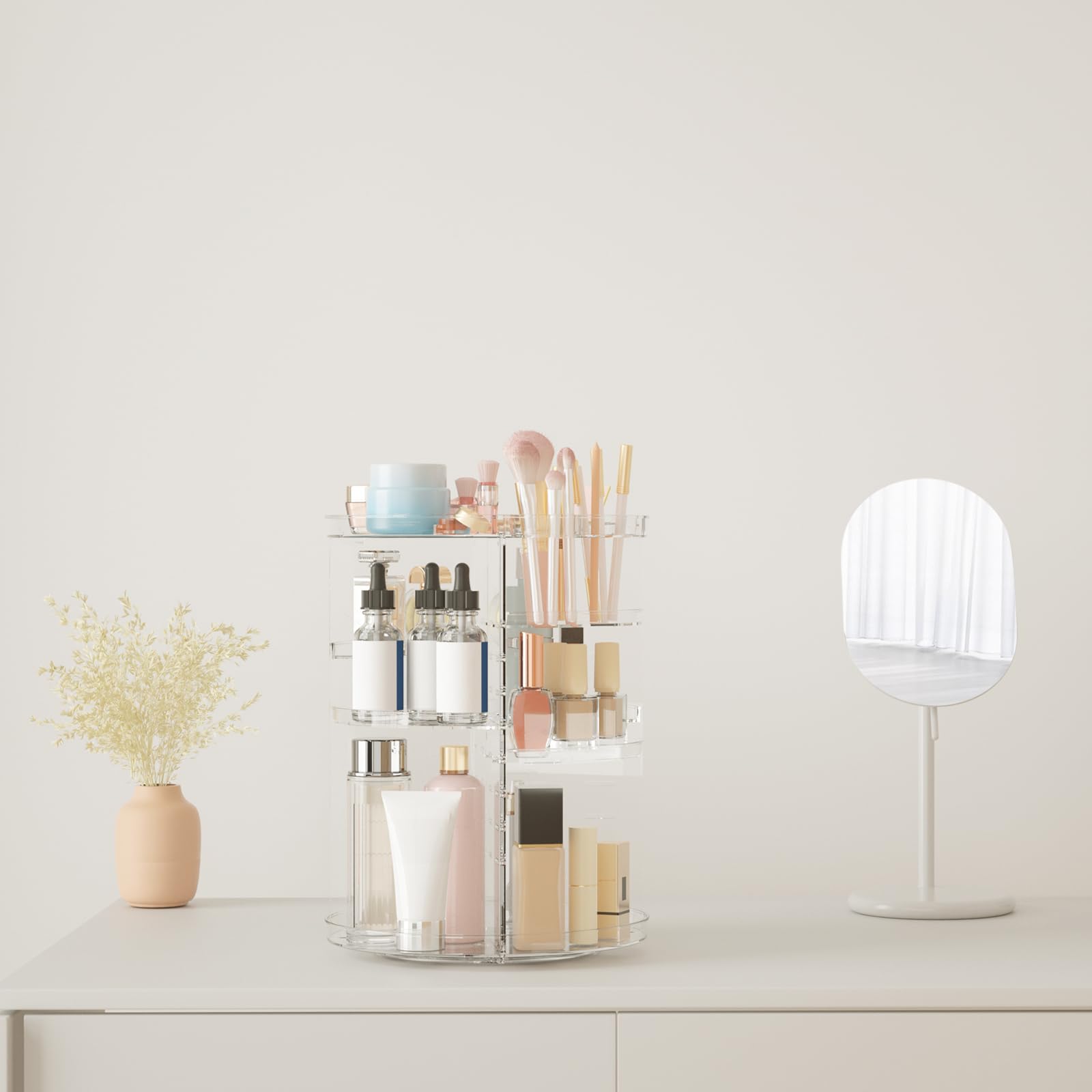 Jiavarry rotating makeup organizer brush-holders demonstrate dedicated makeup-brush storage within a tidy carousel.