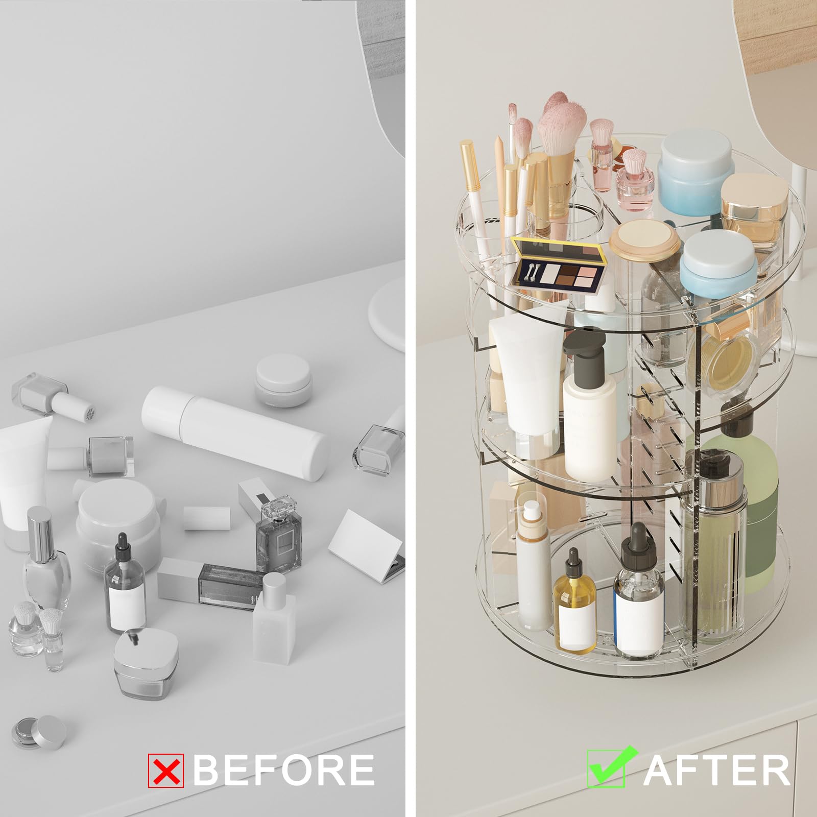 Jiavarry rotating makeup organizer large-capacity storage fits brushes, bottles, and palettes neatly.