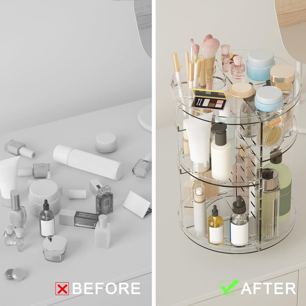 Jiavarry rotating makeup organizer large-capacity storage fits brushes, bottles, and palettes neatly.