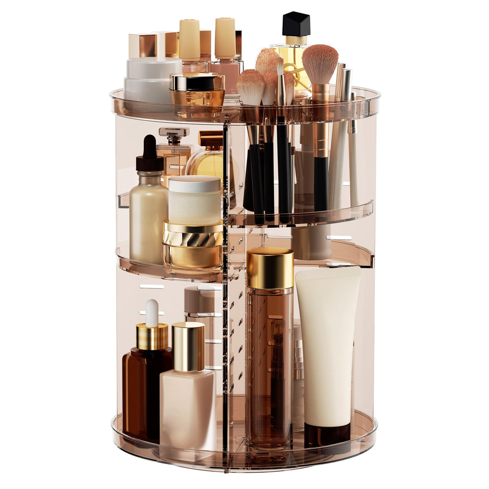 Jiavarry rotating makeup organizer top panel keeps items visible and accessible.