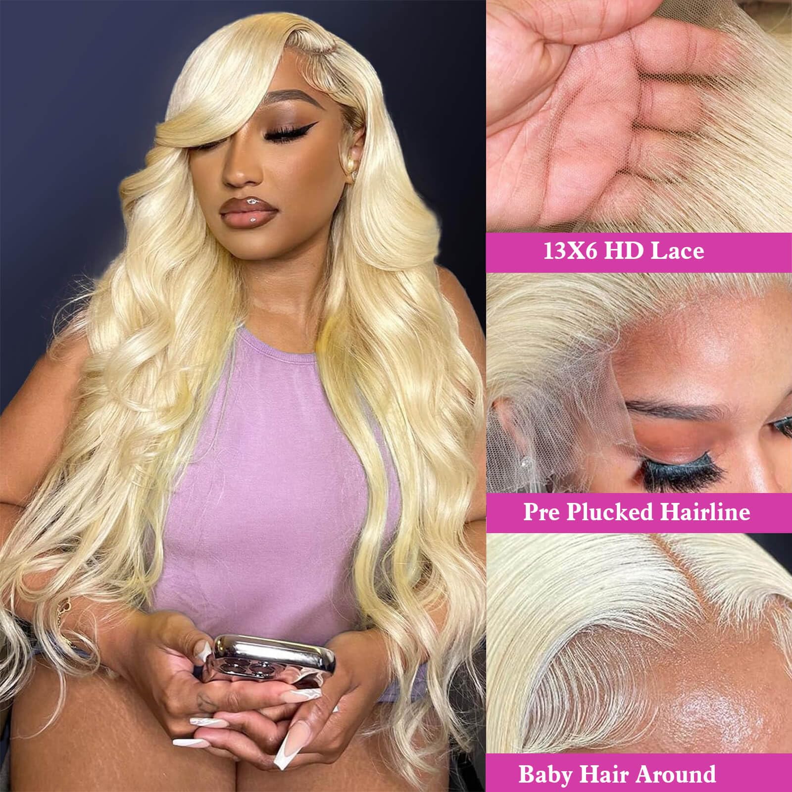 JIEDAOKOU 613 body-wave blonde wig highlights flexible parting options.