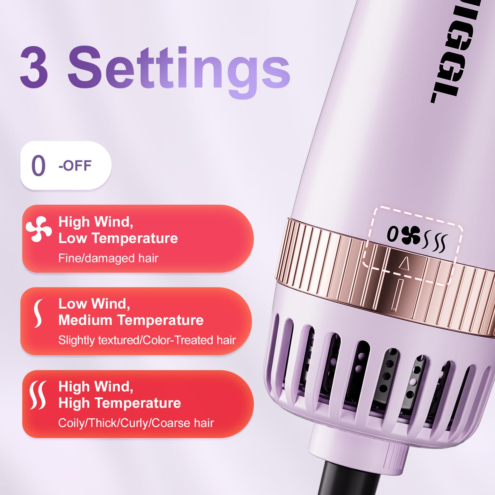 JIGGL three-heat settings for customizable drying and styling suited to different hair types
