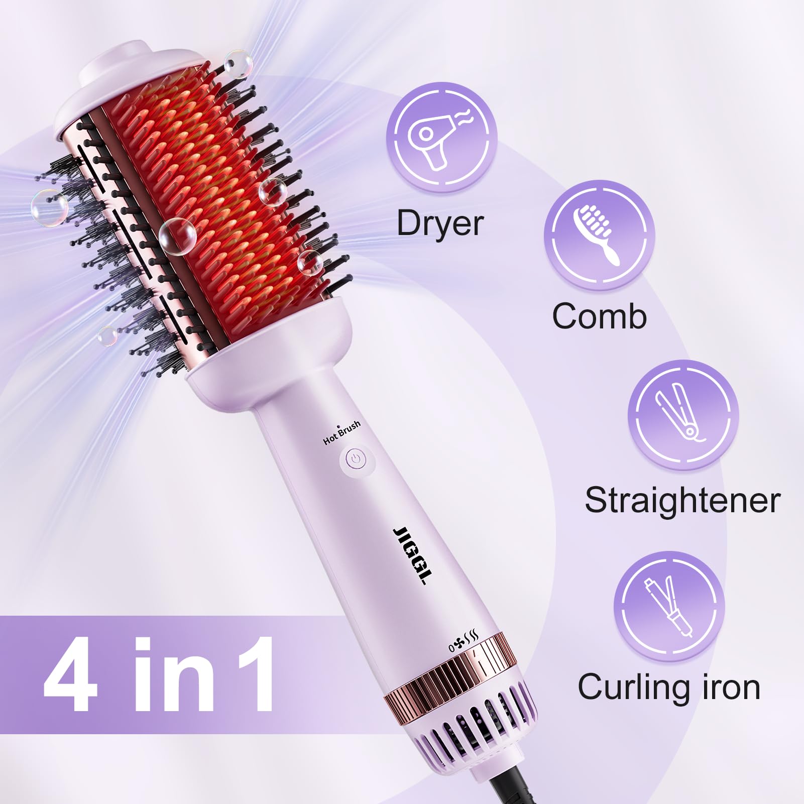JIGGL wide-plate straightening brush mode for sleek, salon-like flat-iron results