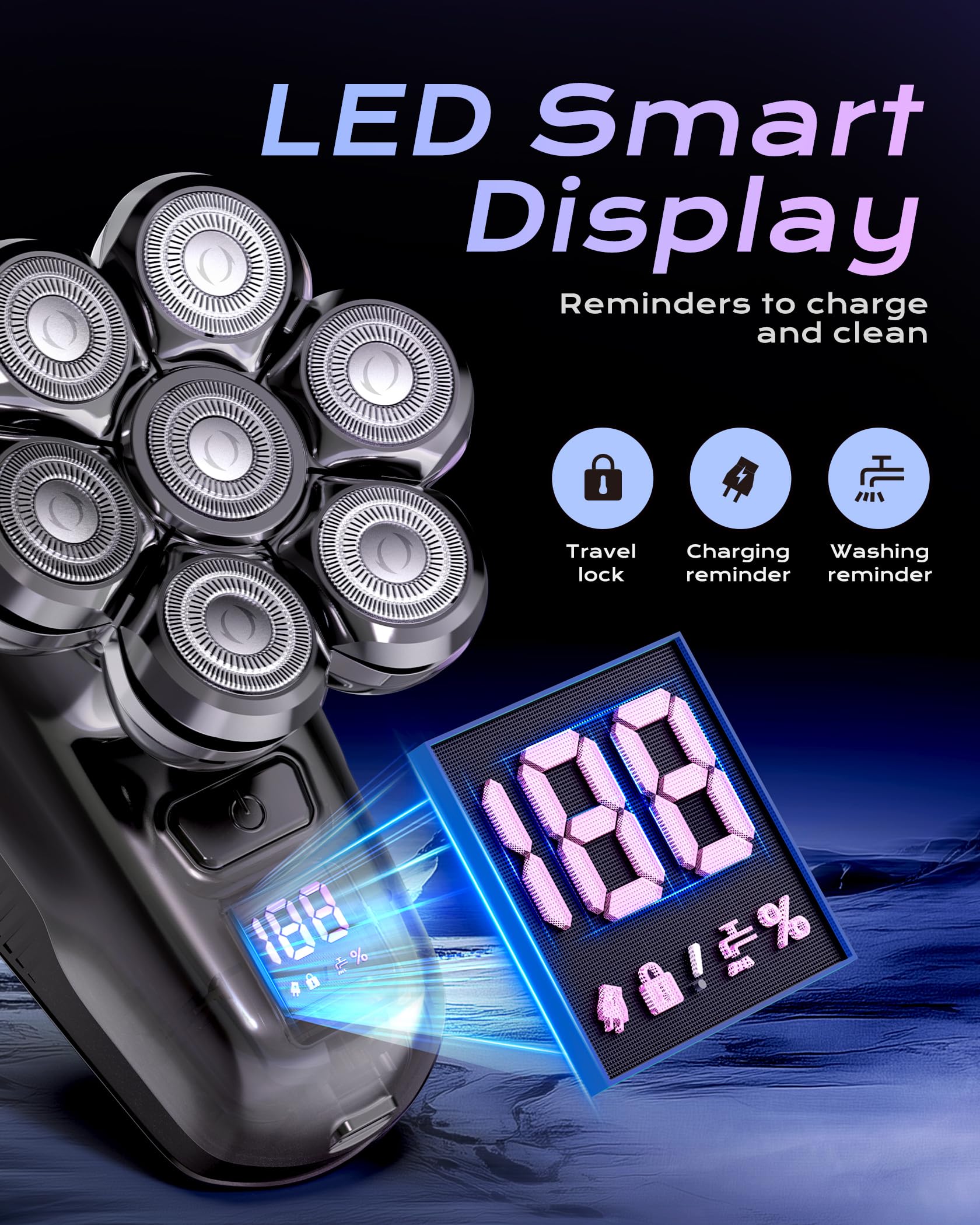 JIJ head shavers LED display shows battery status for travel-friendly grooming.