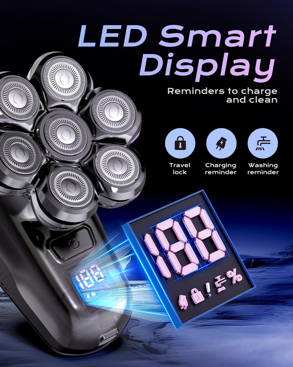 JIJ head shavers LED display shows battery status for travel-friendly grooming.