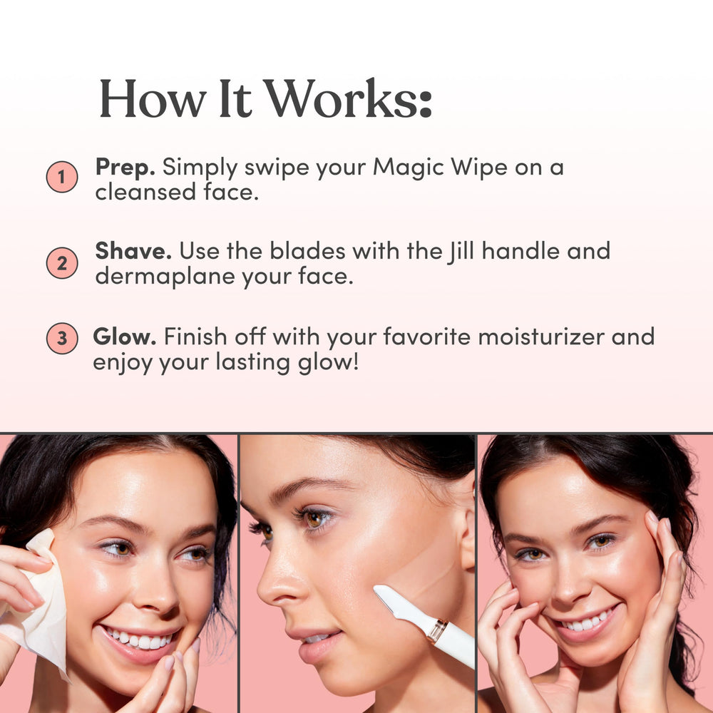 Jill Magic Wipes dermaplane preps shot emphasizing smoother blade glide