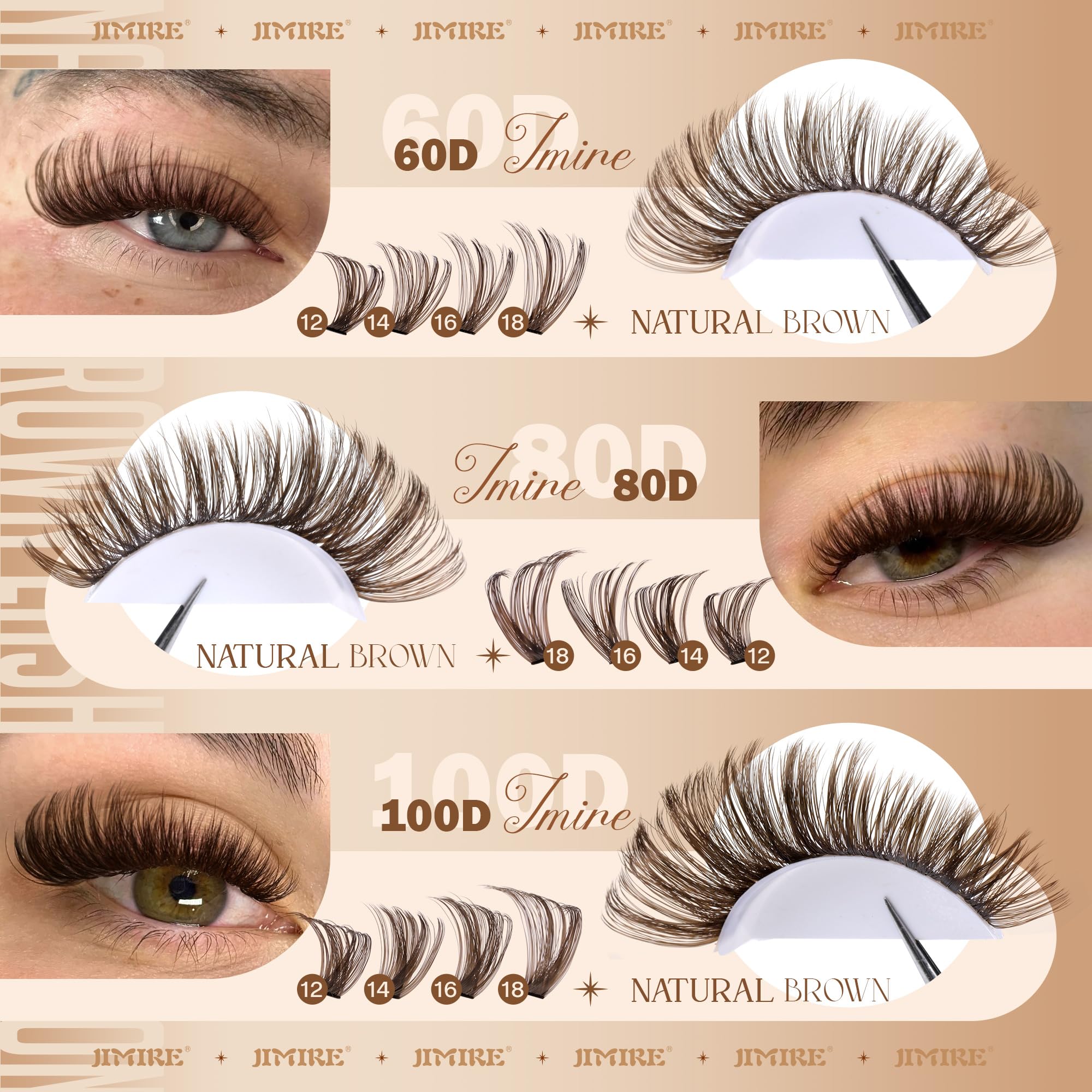 Jimire Brown Lash Clusters gradient lengths 12mm to 18mm close-up showing depth.