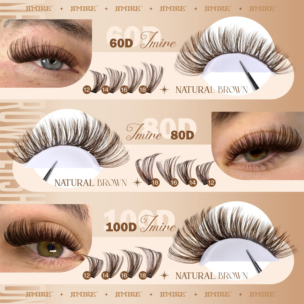 Jimire Brown Lash Clusters gradient lengths 12mm to 18mm close-up showing depth.
