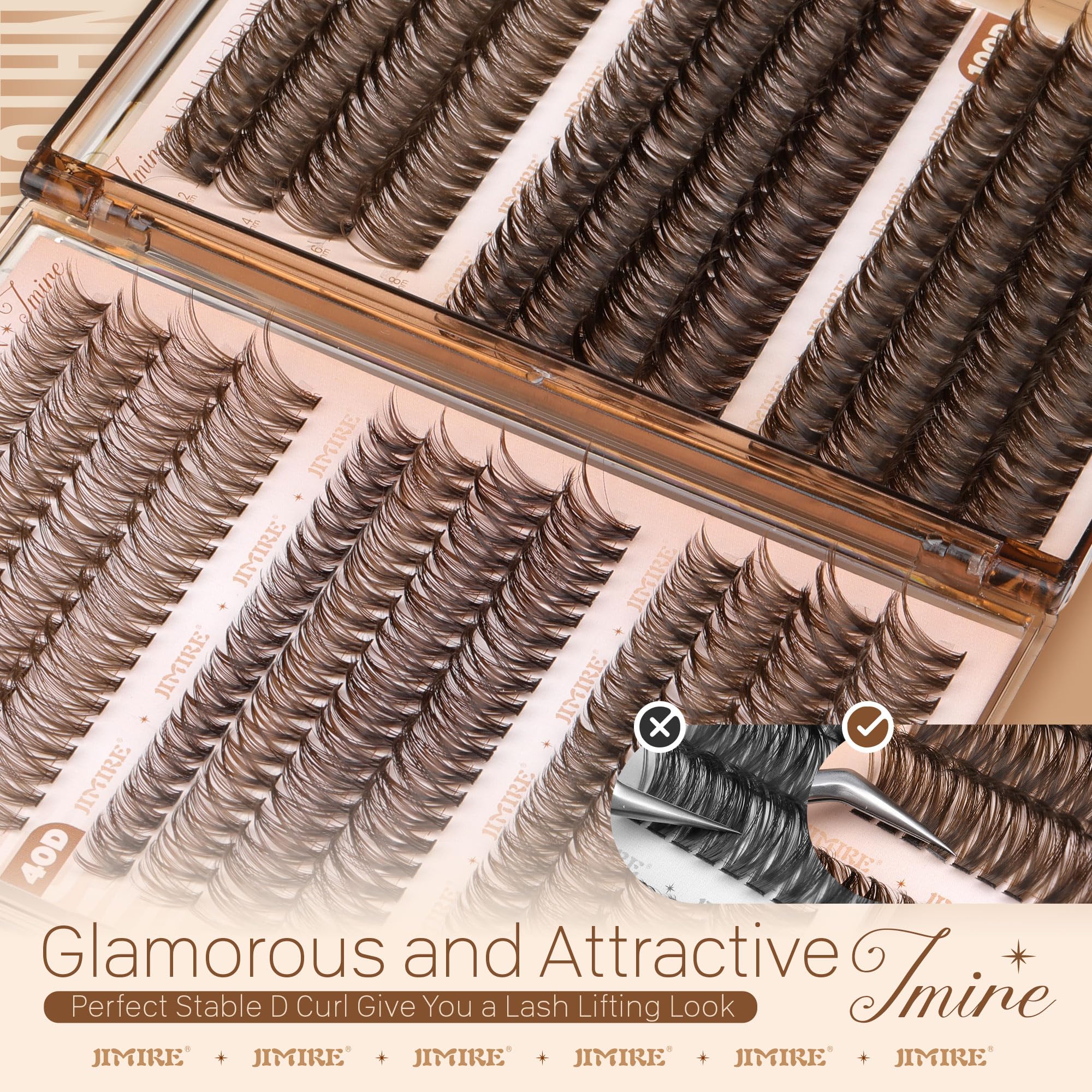 Jimire Brown Lash Clusters soft brown hue complements light hair and fair skin.