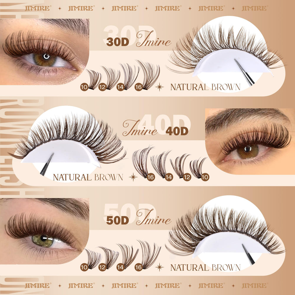 Jimire Brown Lash Clusters varied lengths 10mm to 16mm close-up for eye shaping versatility.