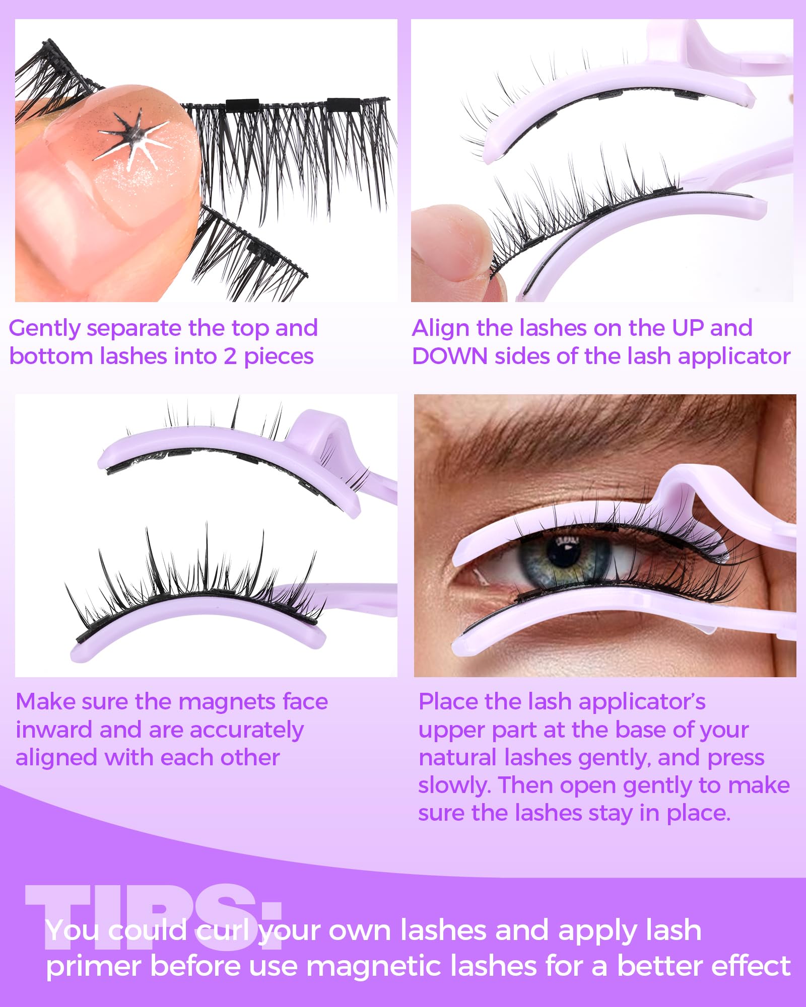 JIMIRE Cat Eye Magnetic Eyelashes in-use shows easy application without glue.