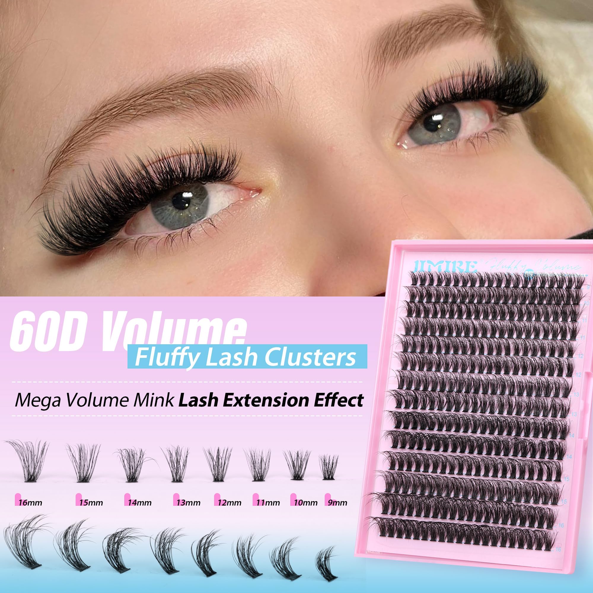 JIMIRE 9-16mm D curl lash clusters deliver lifted eyes and fuller lashes