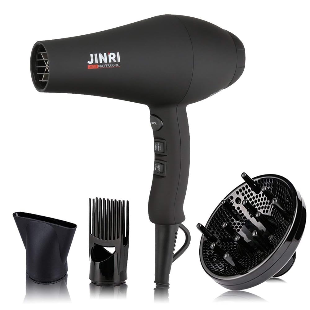 JINRI hair dryer front view with 1875W power for fast, efficient drying.