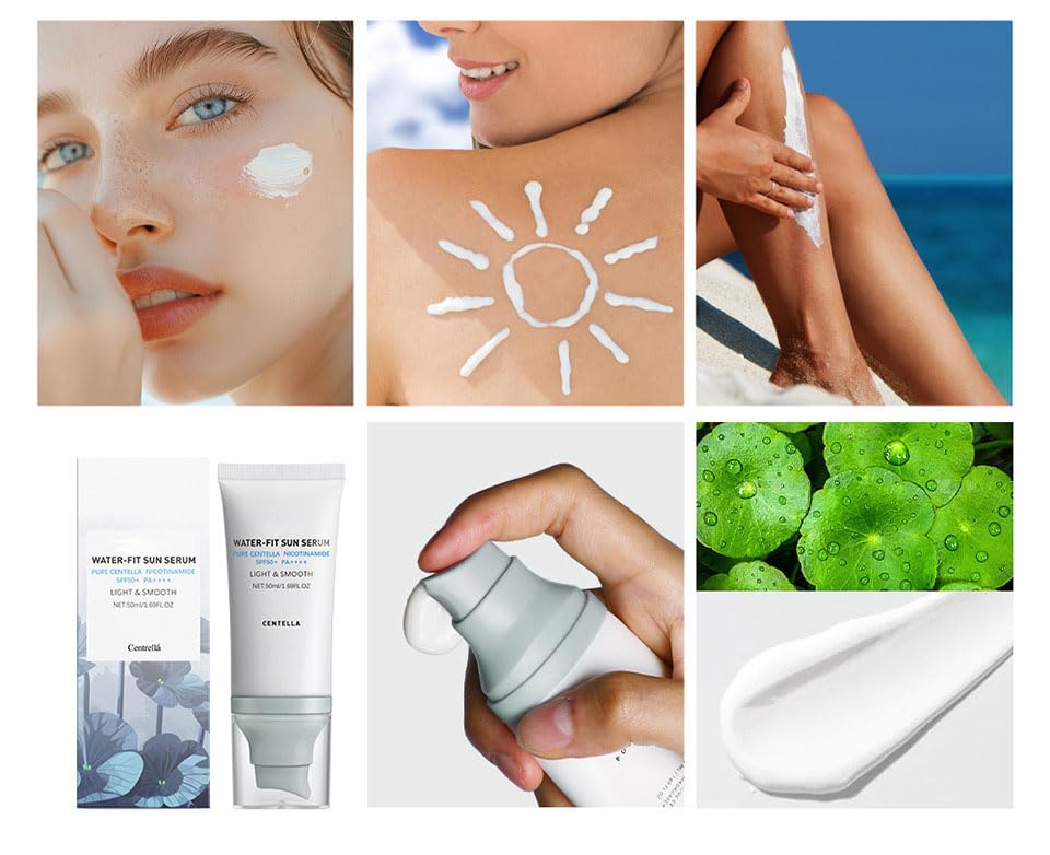 JISKG Centella sunscreen on hand with sunny beach backdrop