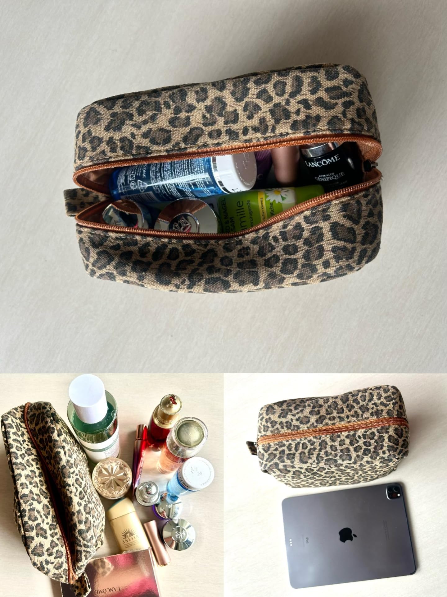 JIU HONG CHAO leopard bag for travel and bathroom storage.